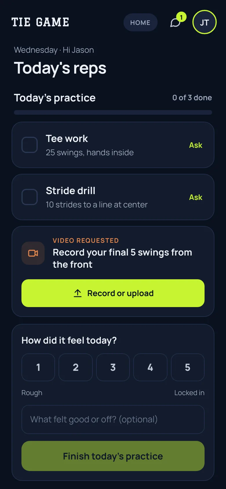 Athlete's practice checklist for the day