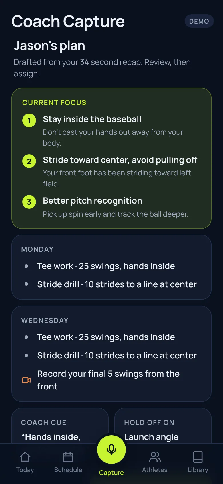 Practice plan drafted from the recap, ready for the coach to review