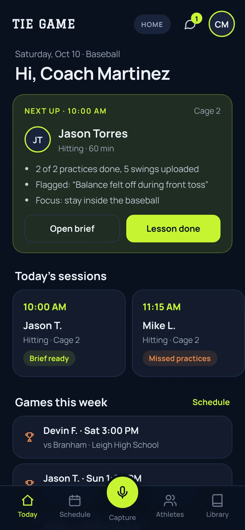 Coach's Today screen with the next lesson and a brief ready