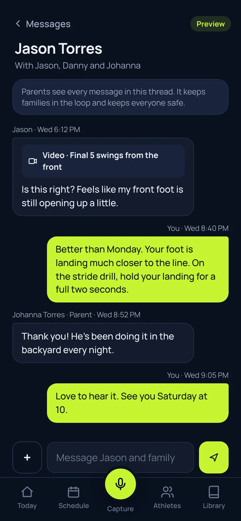 Message thread between coach, athlete and parent