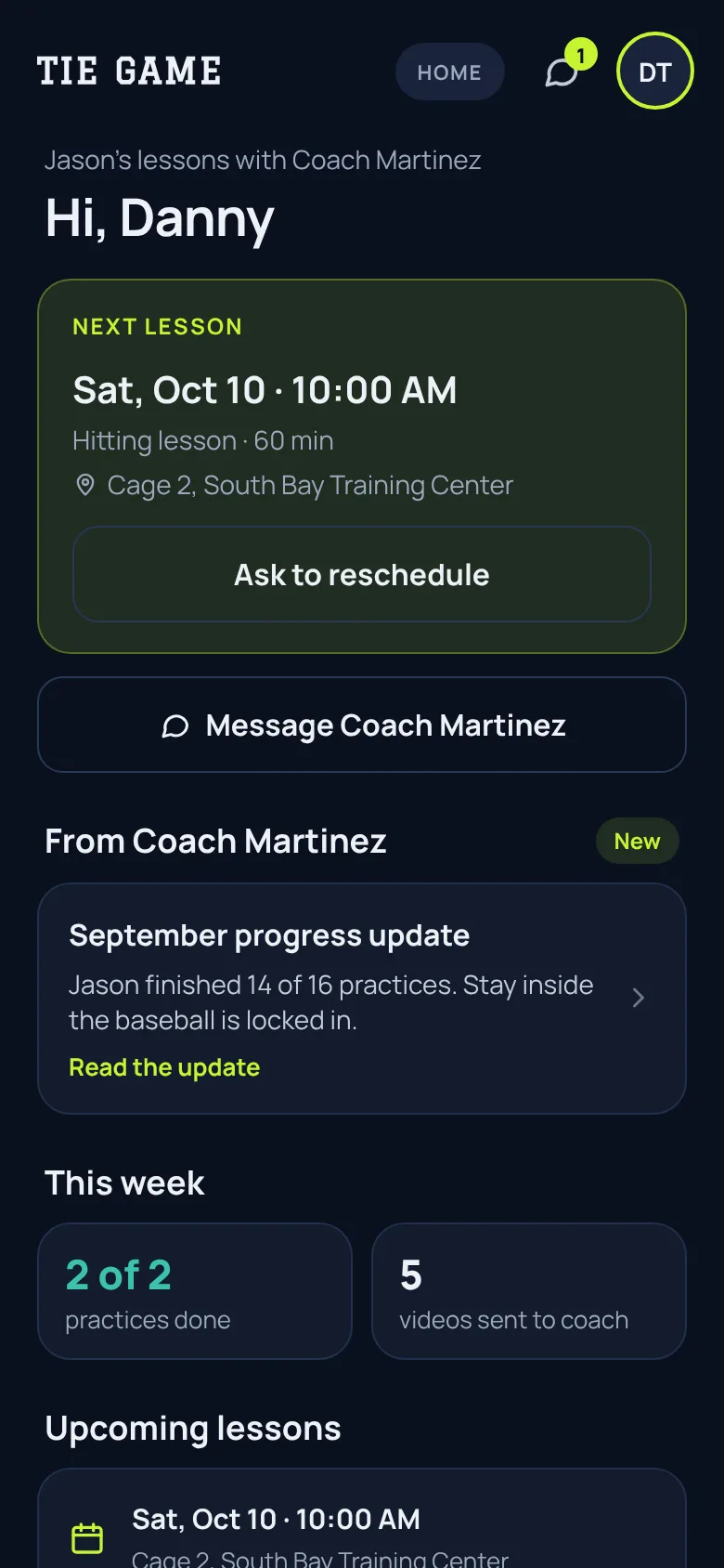 Parent home screen with the next lesson and coach updates
