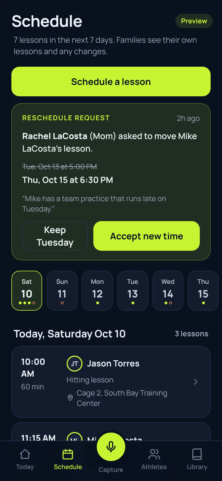 Coach schedule with lessons and a reschedule request